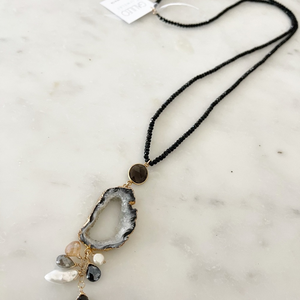 Black long crystal necklace with druzy
